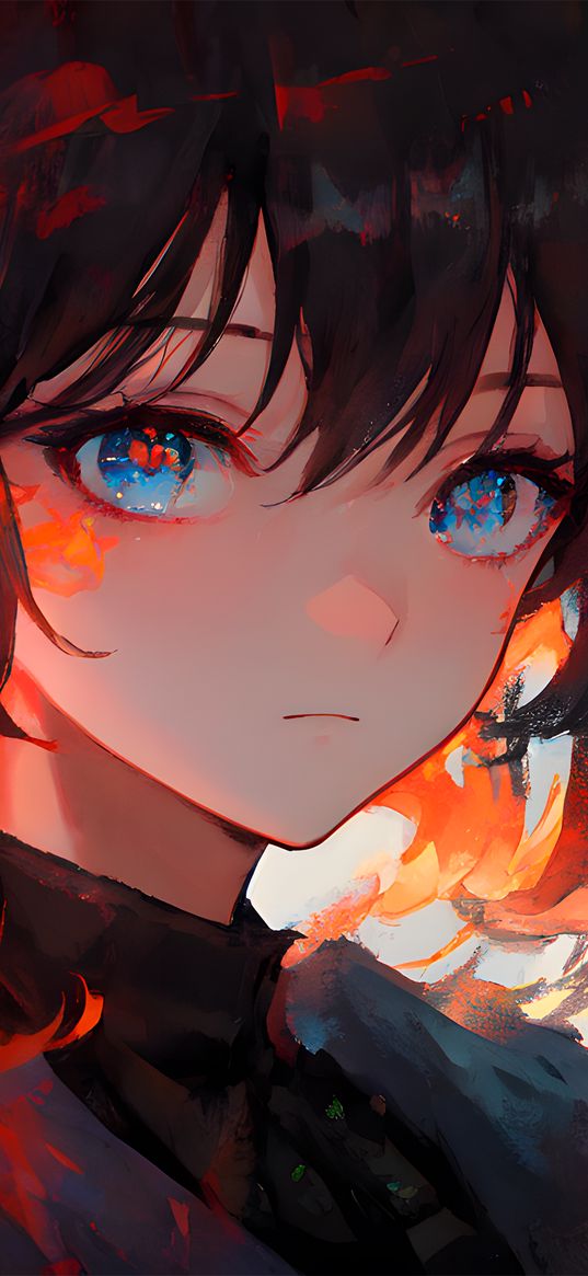 anime girls, blue eyes, black hair, fire, artwork