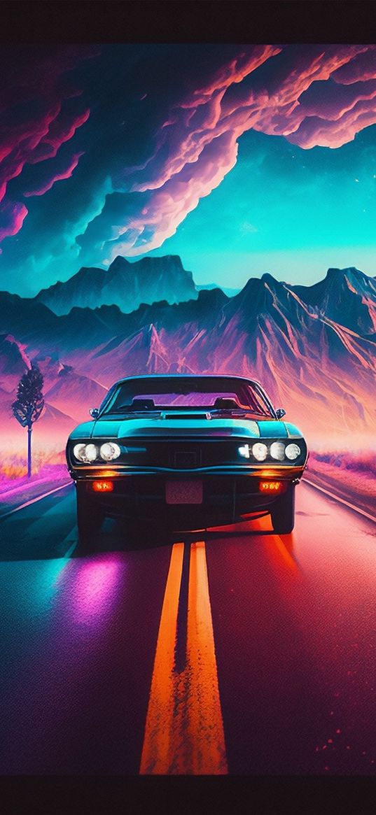 car, al art, road, colorful, illustration, clouds, montains