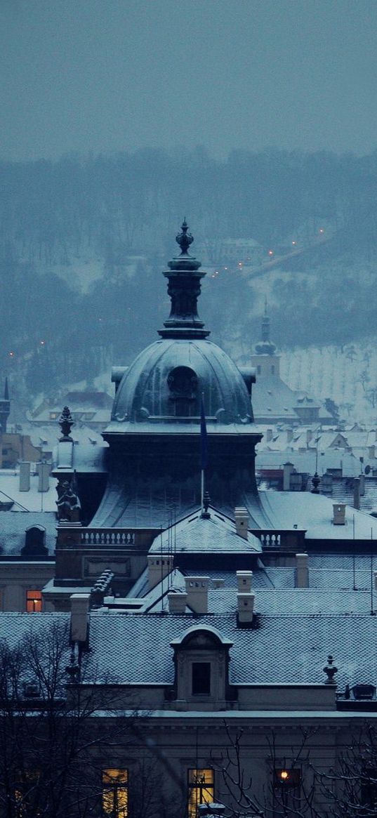 city, church, dawn, light, buildings, roof