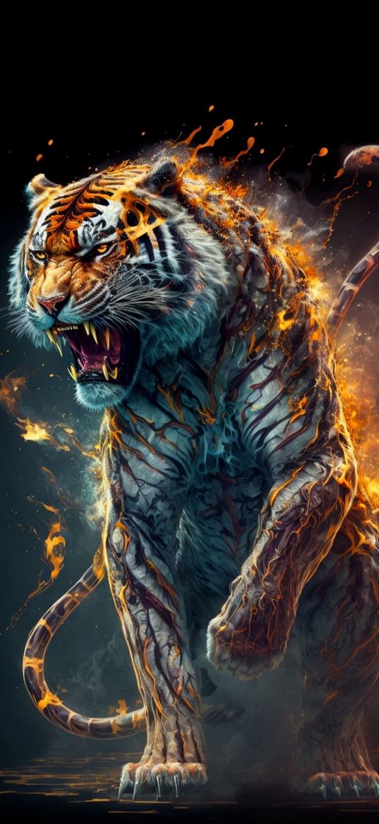 tiger, animal, roar, fire, art