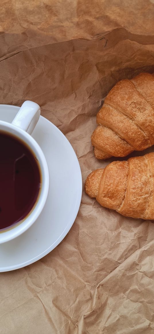 croissants, tea, coffee, food, breakfast