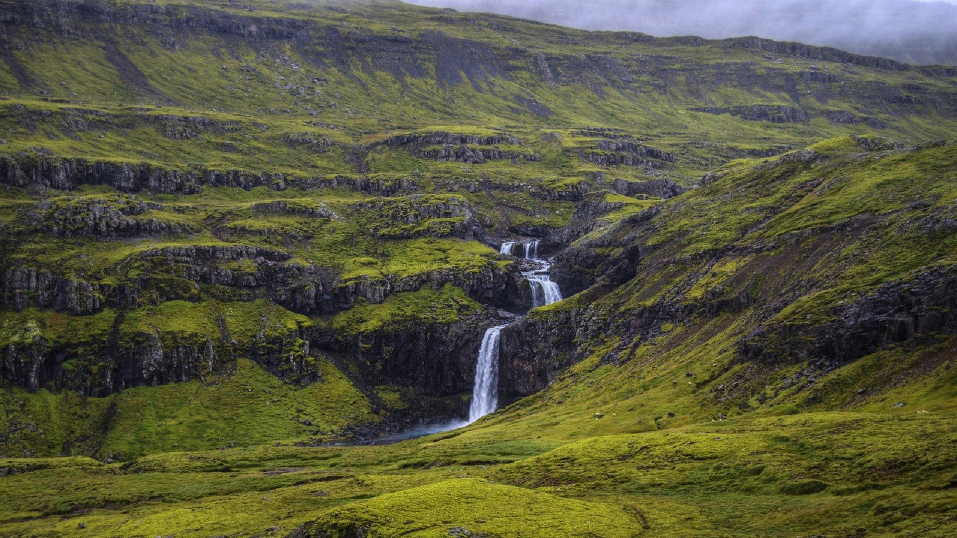 waterfall, grass, sky, nature