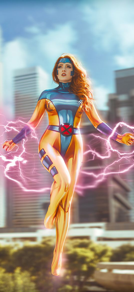 jean grey, superheroine, comic, cosplay, lightning bolts, yellow, blue