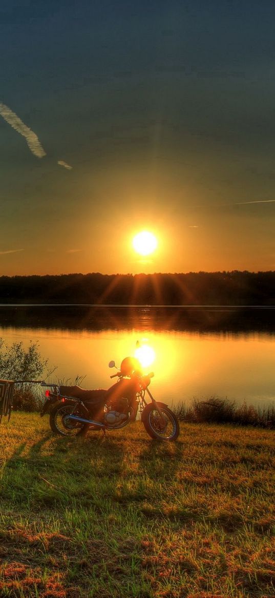 river, bike, sunset, grass