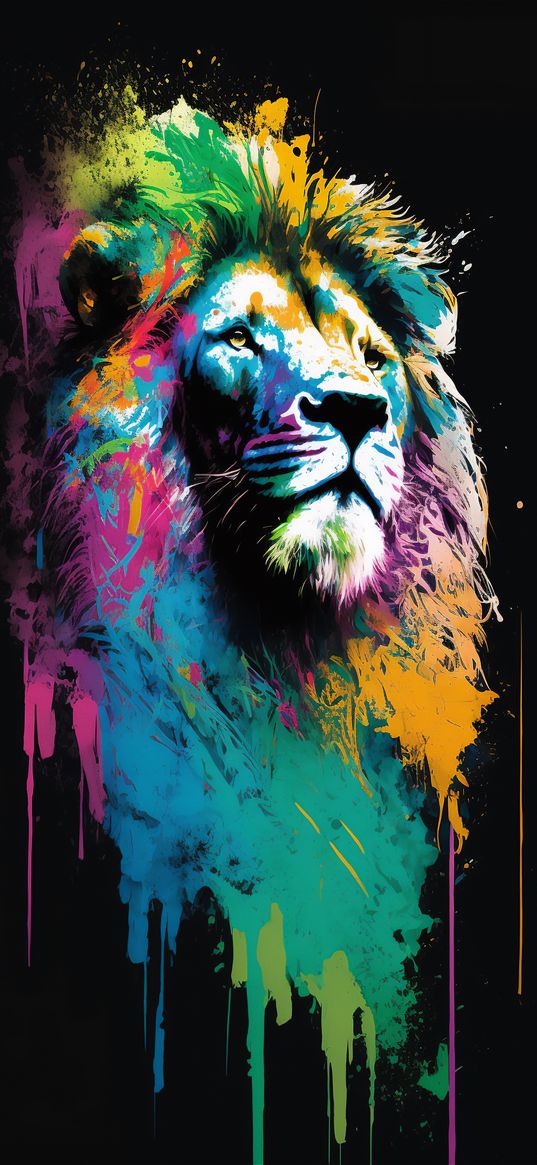 lion, animal, predator, paint, drops, drawing, colored