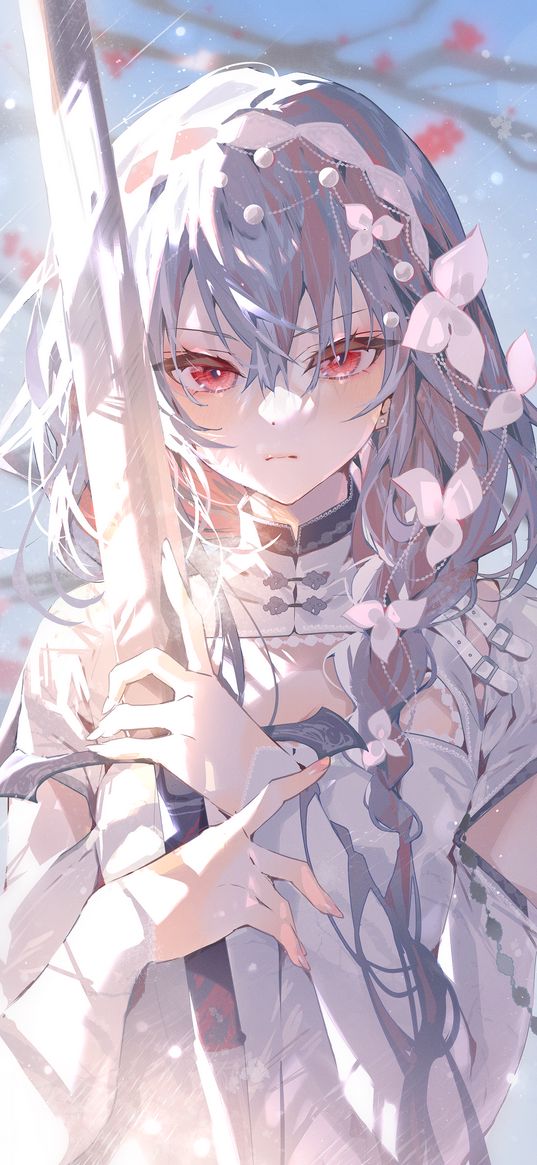 girl, silver hair, sword, weapon, decoration, petals, white, art