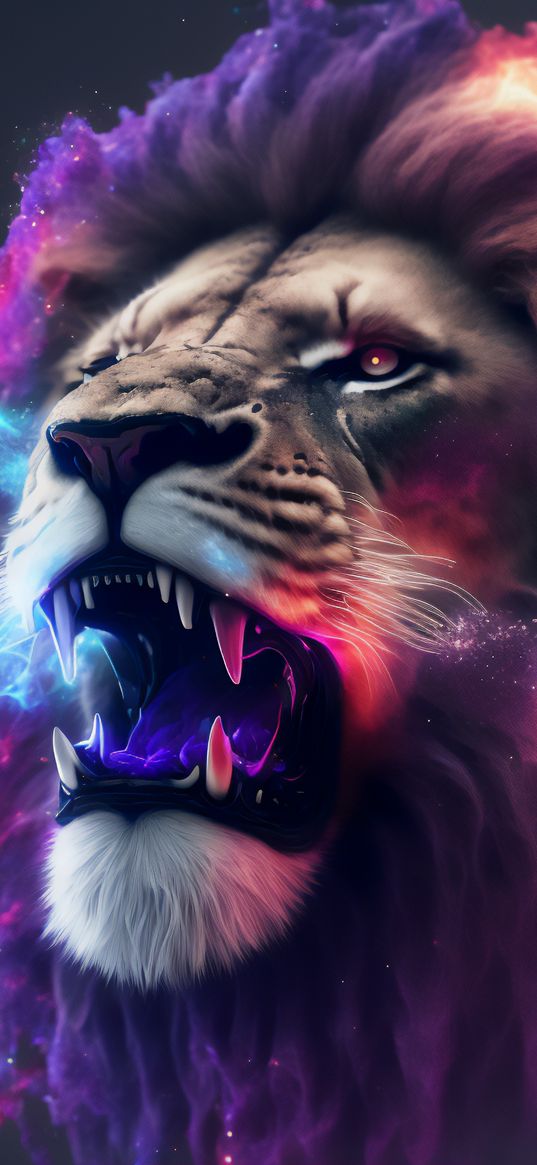 lion, animal, predator, fangs, color, art