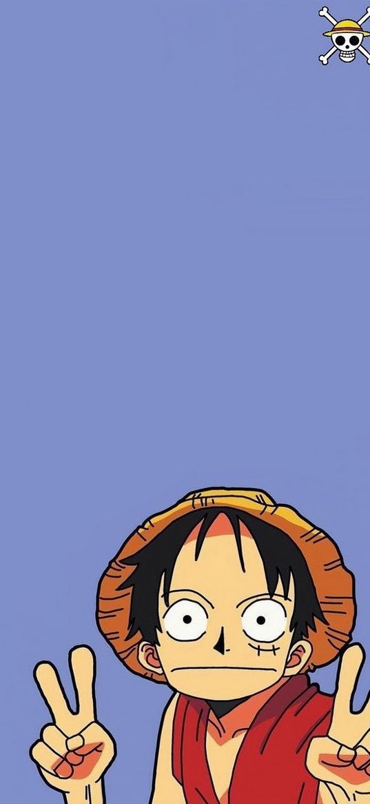 luffy, one piece, anime, guy, hat, gesture, blue background, art