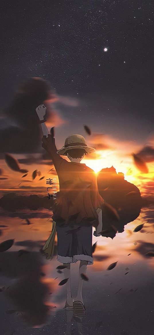 luffy, one piece, anime, guy, hat, sea, sunset, starry sky, art