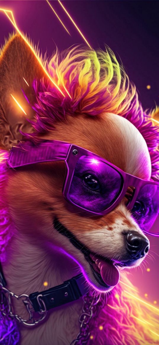 dog, glasses, collar, hairstyle, lightning, neon, purple, yellow, ai, art