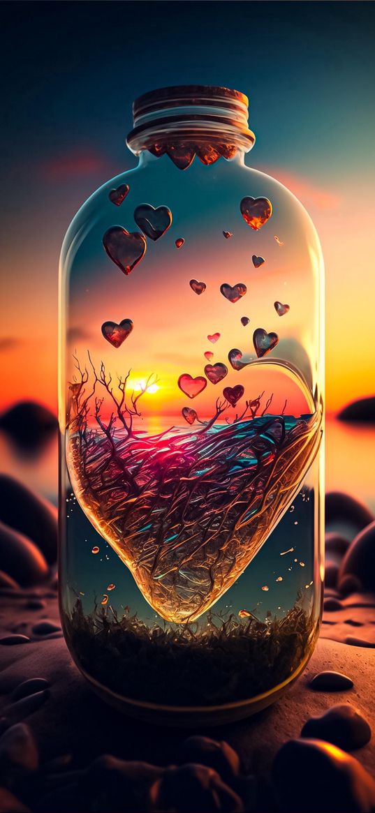 jar, hearts, roots, algae, shore, beach, rocks, sea, sunset, ai, art