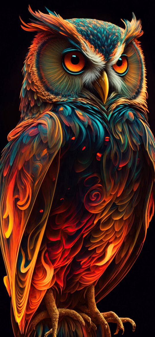 owl, bird, fire, black background, ai, art