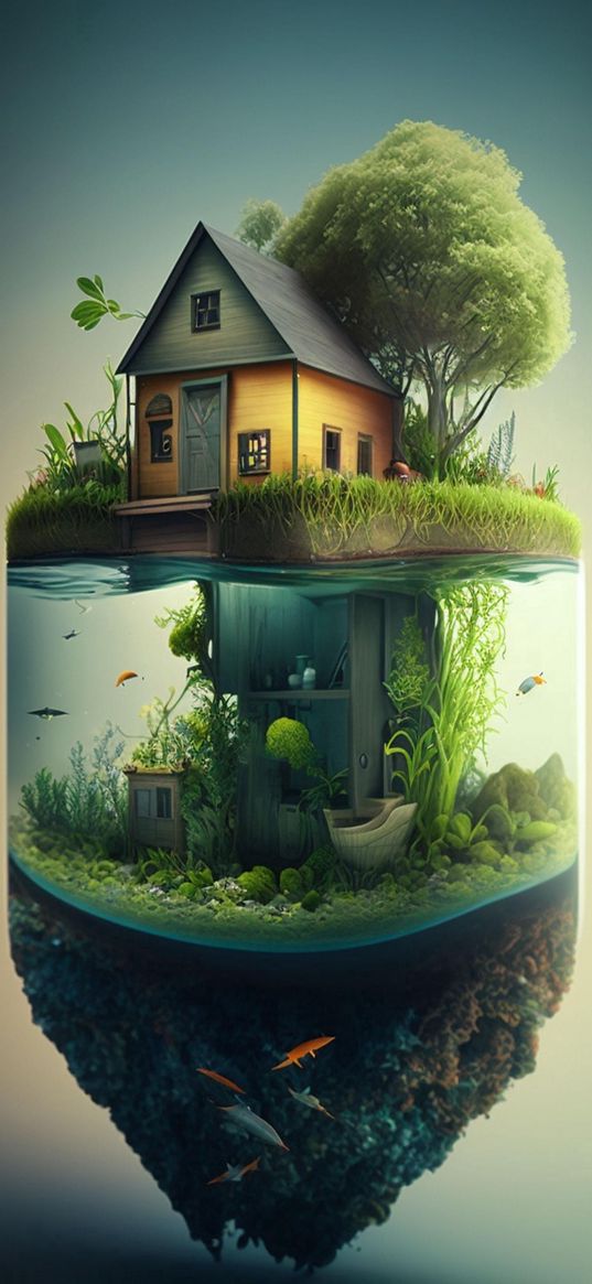 house, tree, aquarium, island, ai, art