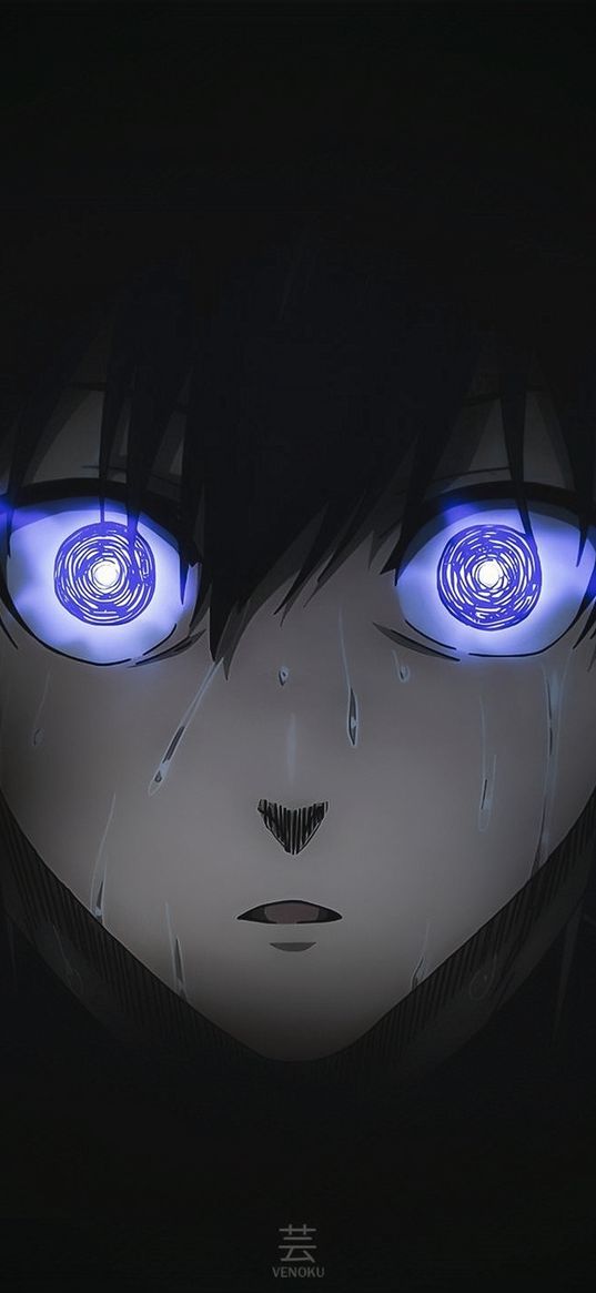 yoichi isagi, blue lock, anime, guy, blue eyes, drops, fear, dark background, art