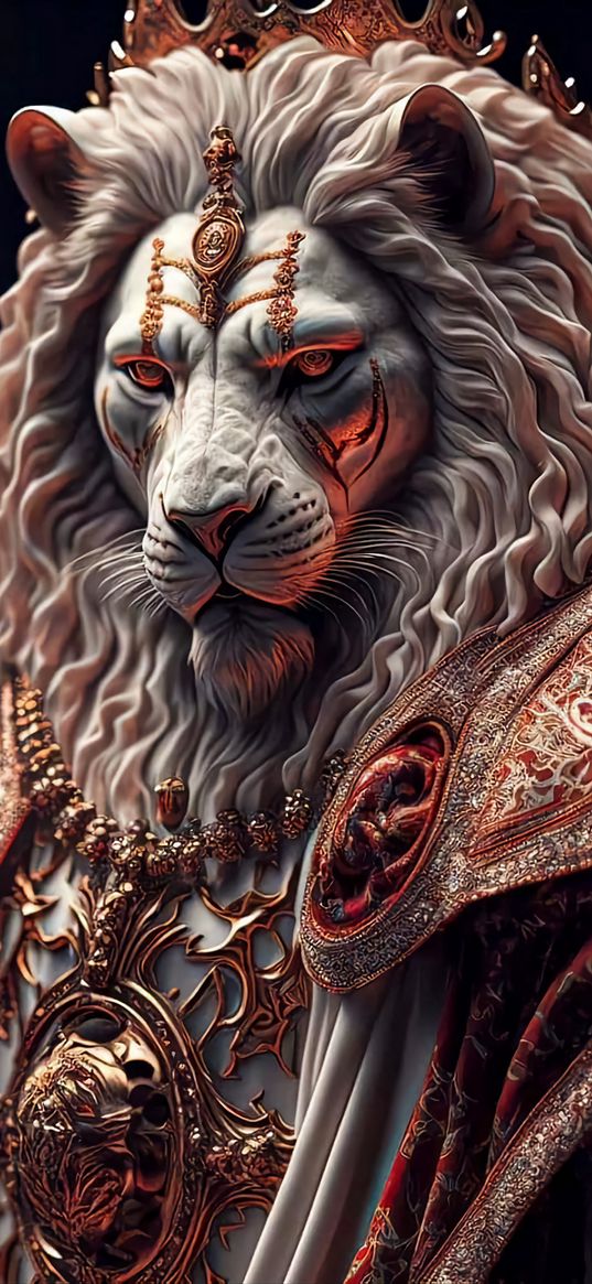 lion, king, crown, armor, predator, animal, white, red, black background, ai, art