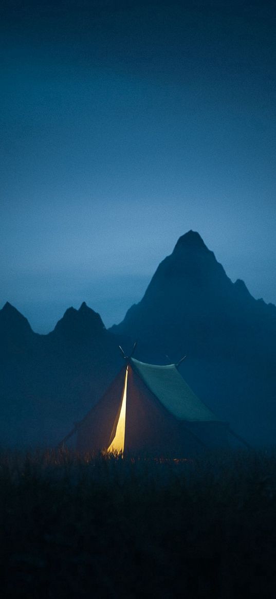 field, grass, camping, mountains, blue sky