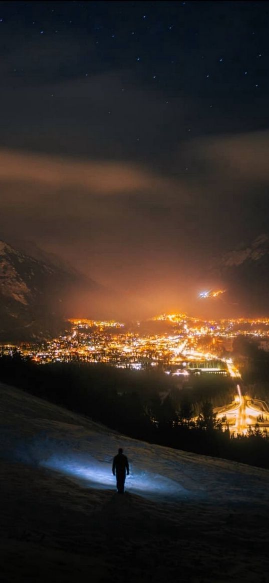 valley, village, lights, forests, clouds, night sky, landscape