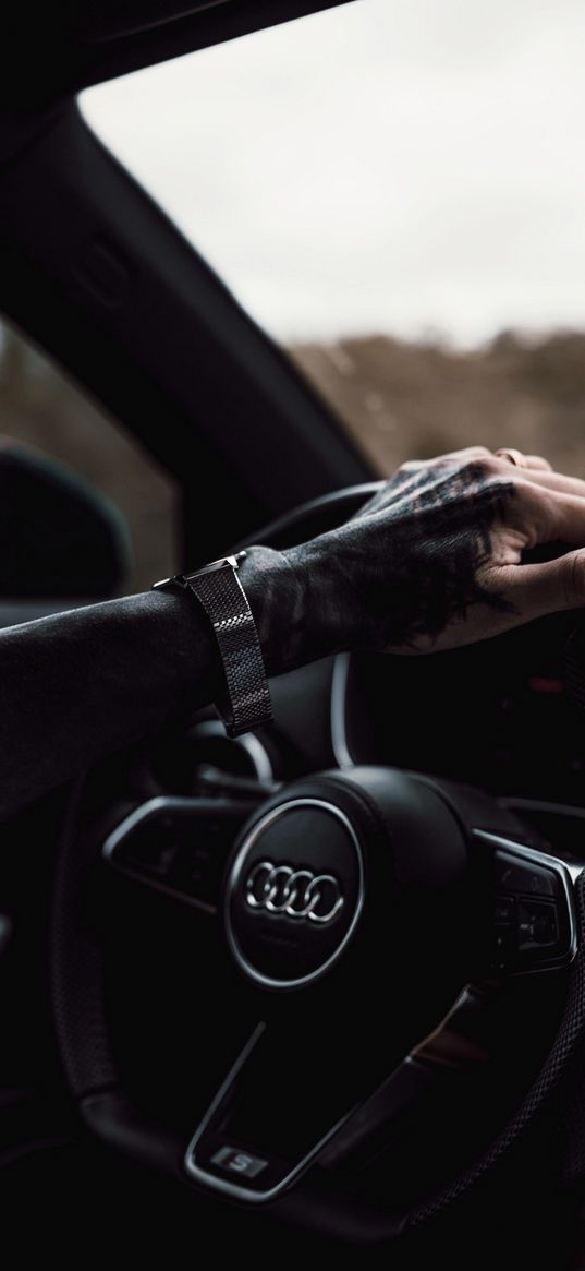 car, audi, black, hand, tatoo, watch, wheel