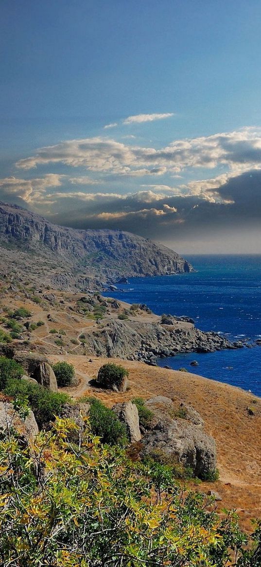 mountains, grass, sky, sea, beautifully