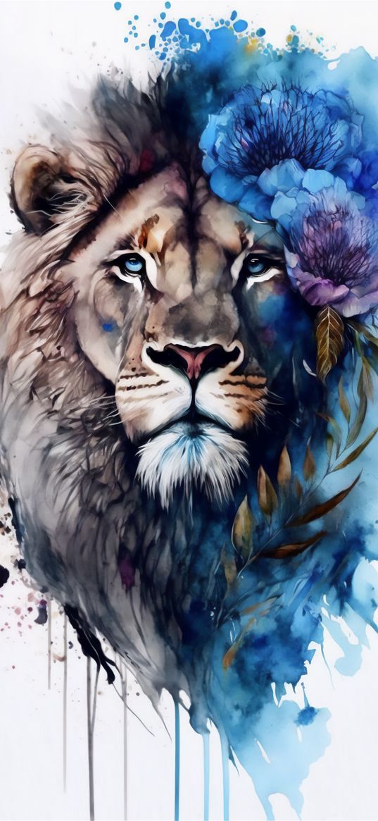 lion, animal, muzzle, flowers, paints, smudges, watercolor, art