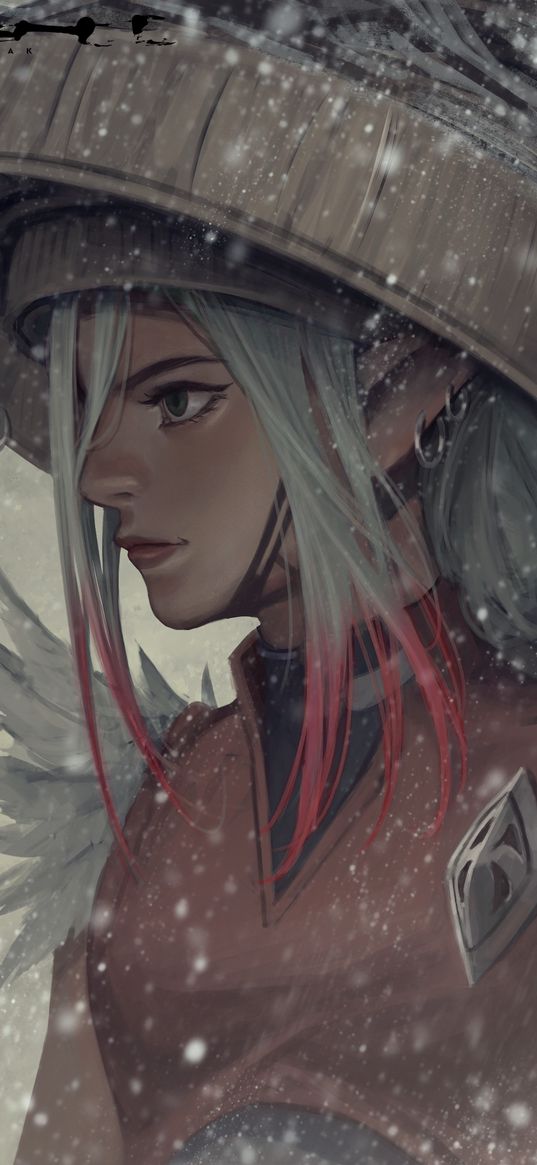 girl, elf, hat, piercing, feathers, art