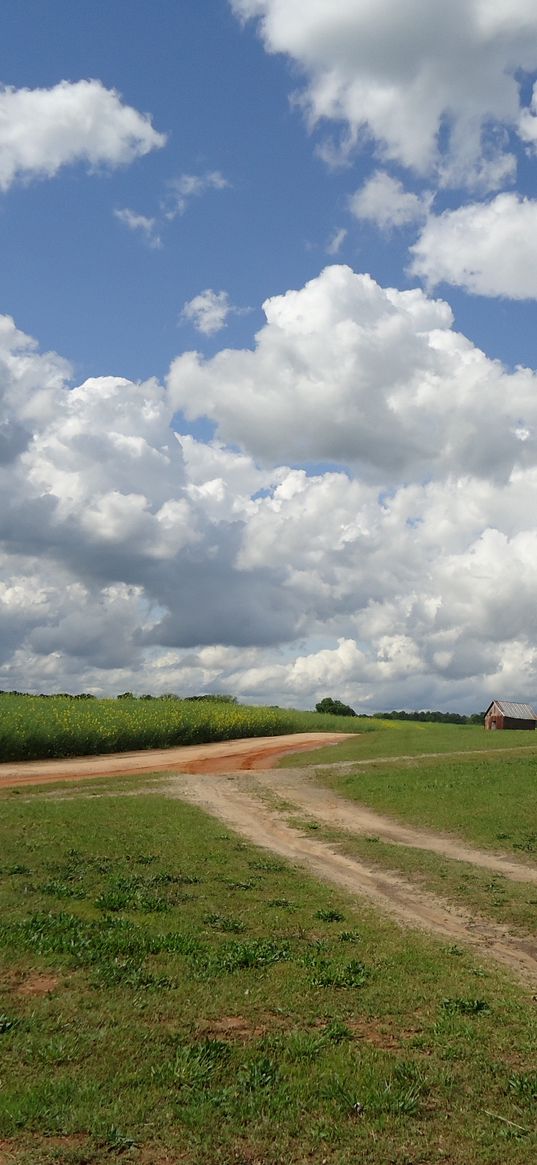 field, road, home, landscape