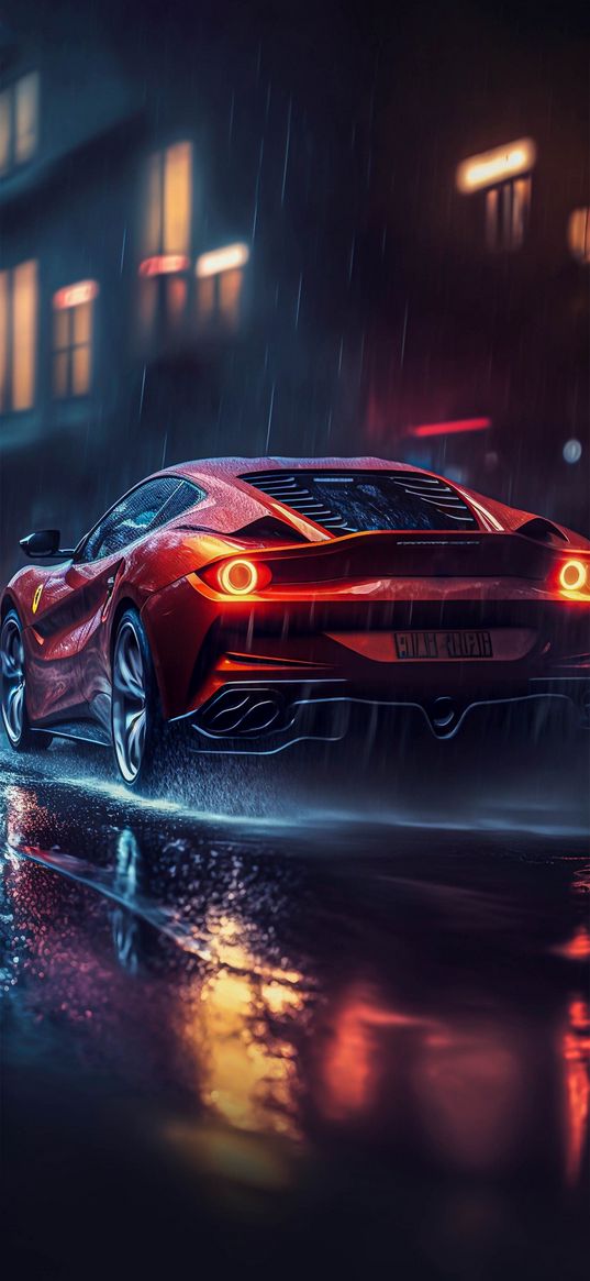 car, red, rain, lights on, dynamic, night, city, red car, landscape