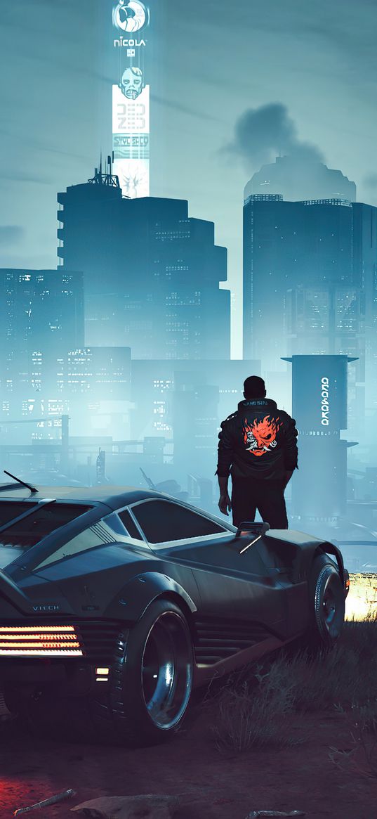 v, cyberpunk 2077, game, character, guy, car, city, future, art