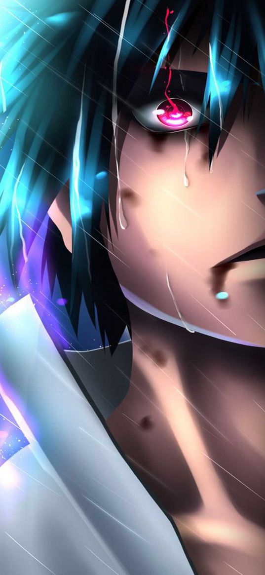 sasuke uchiha, naruto, anime, guy, blue hair, red eyes, drops, rain, art