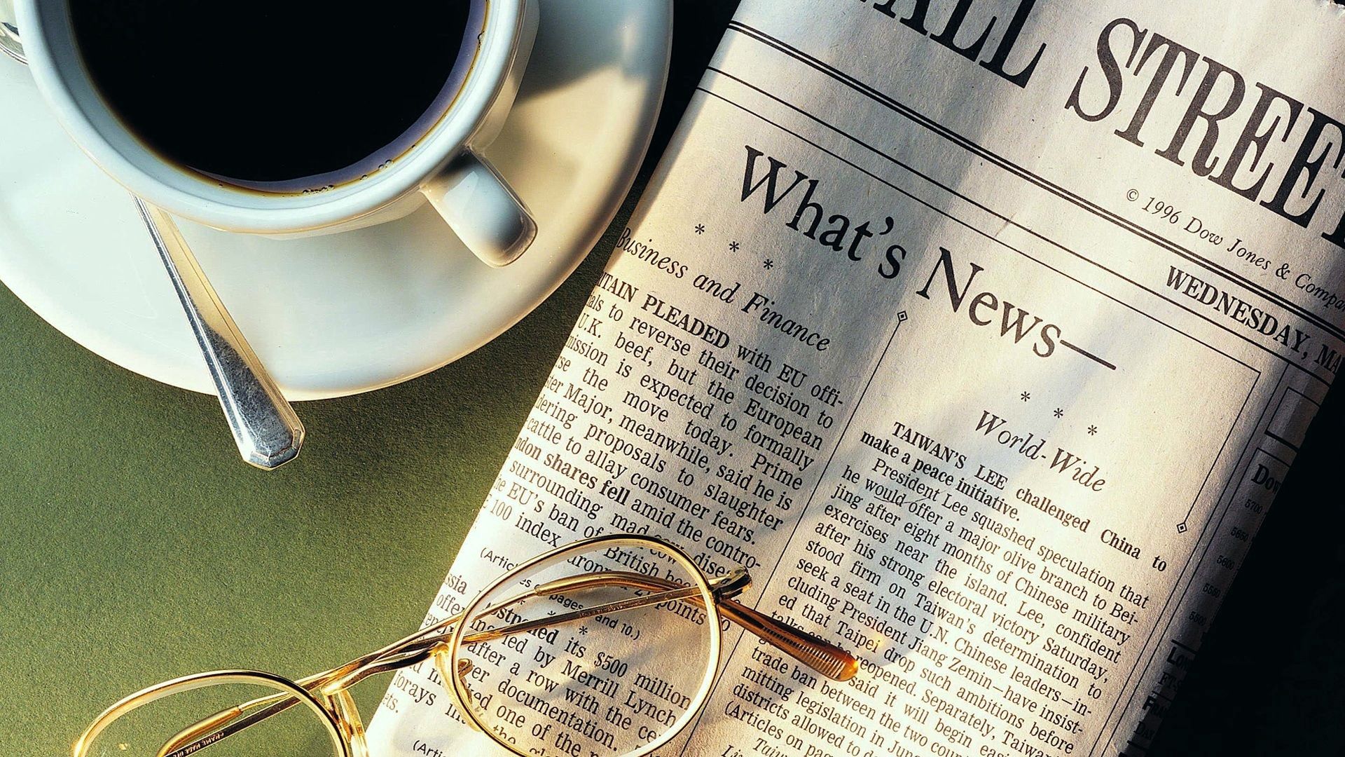 newspaper, coffee, cup, spoon, sunglasses, news, cup holder