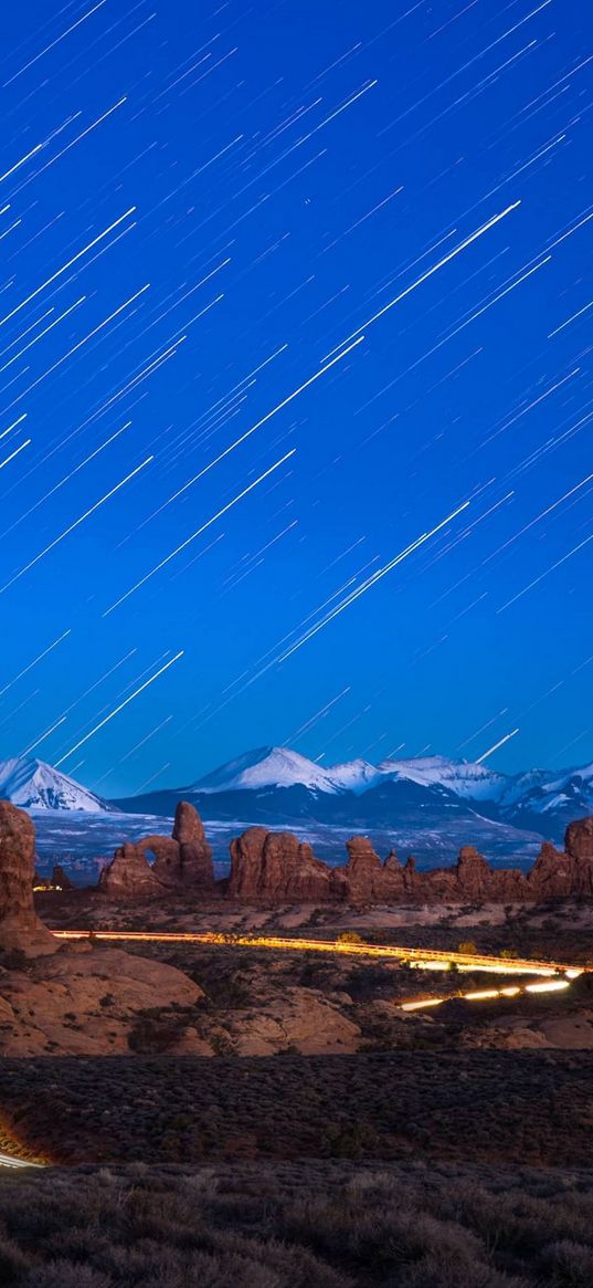 road, lights, timelapse, savannah, mountains, starfall, comets, starry sky, landscape, nature