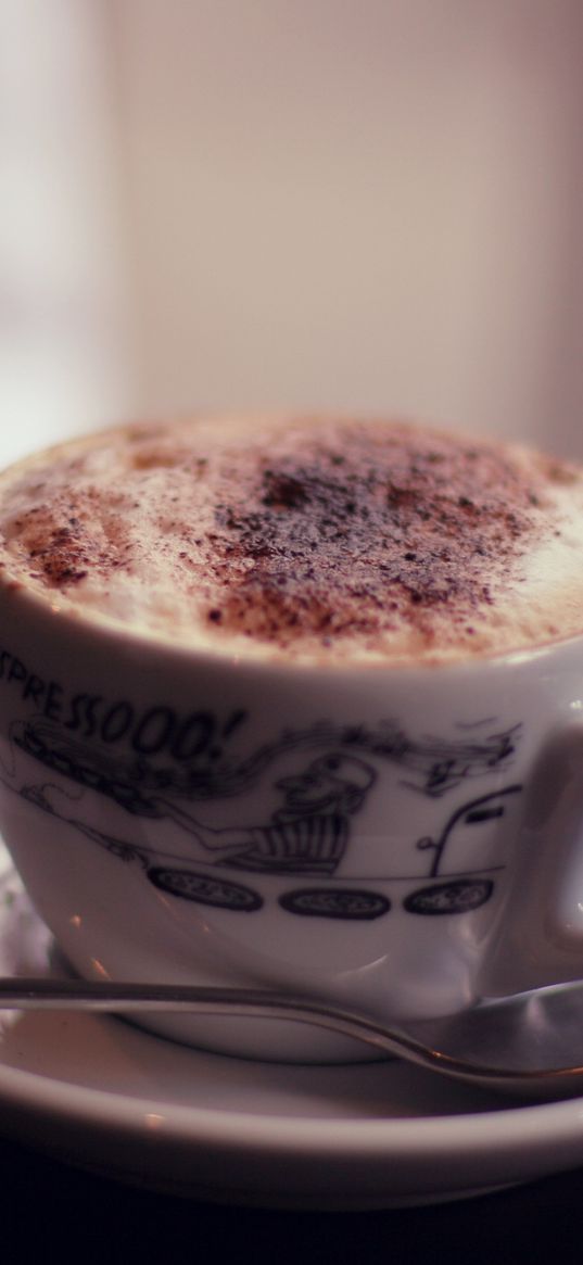 food, spirits, coffee, cocoa, cappuccino, milk, cup, mug, chocolate, plate, spoon, tableware, wallpaper, warm, hot, tasty