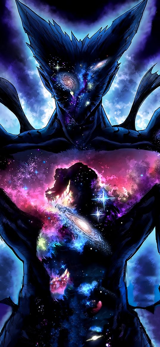 garou, one punch man, anime, monster, stars, cosmos, art