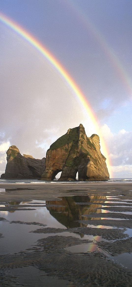 sand, rainbow, rocks, pools, water, new zealand