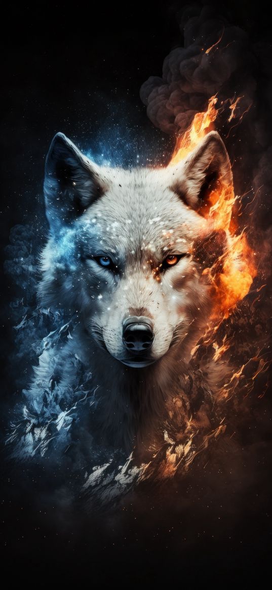 wolf, predator, ice, fire, blue, red, animal, art