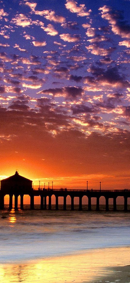 evening, sea, pier, decline, sky, coast, sun, clouds, california, beach