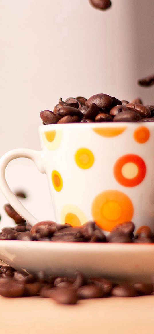 close-up, coffee, grains, cup, saucer