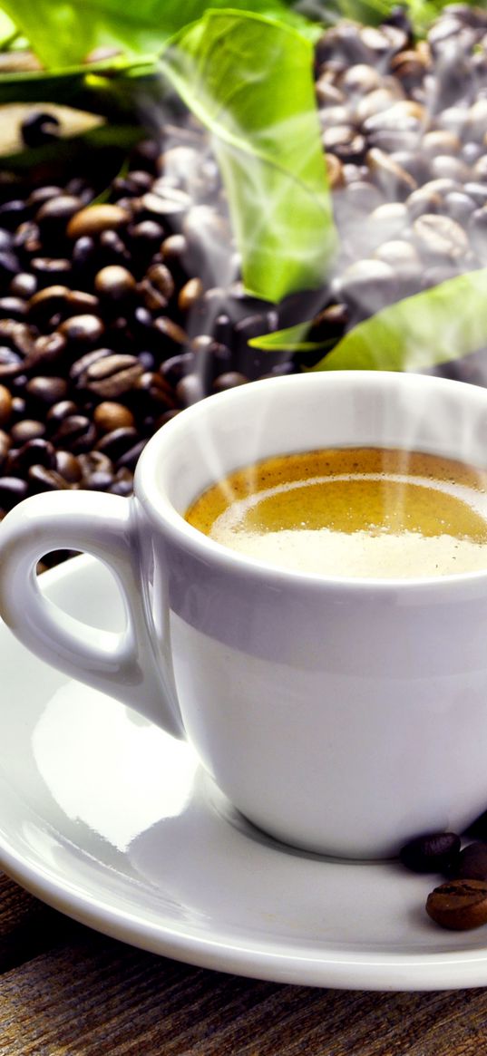 table, grains, leaves, saucer, cup, coffee, foam, smoke, drink