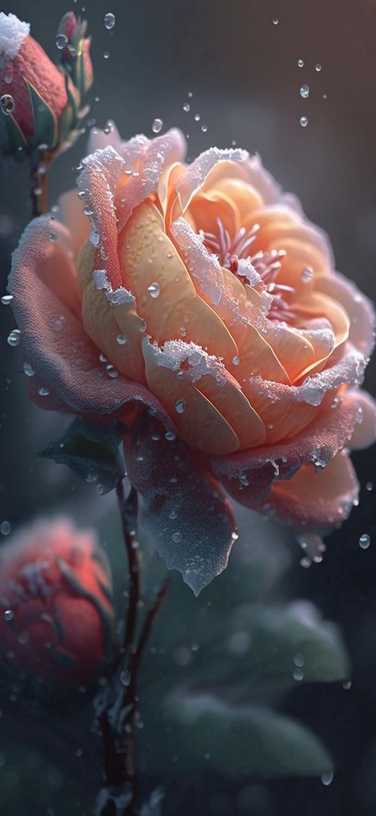 rose, flower, pink, drops, ice, snow, plant, nature, ai, art