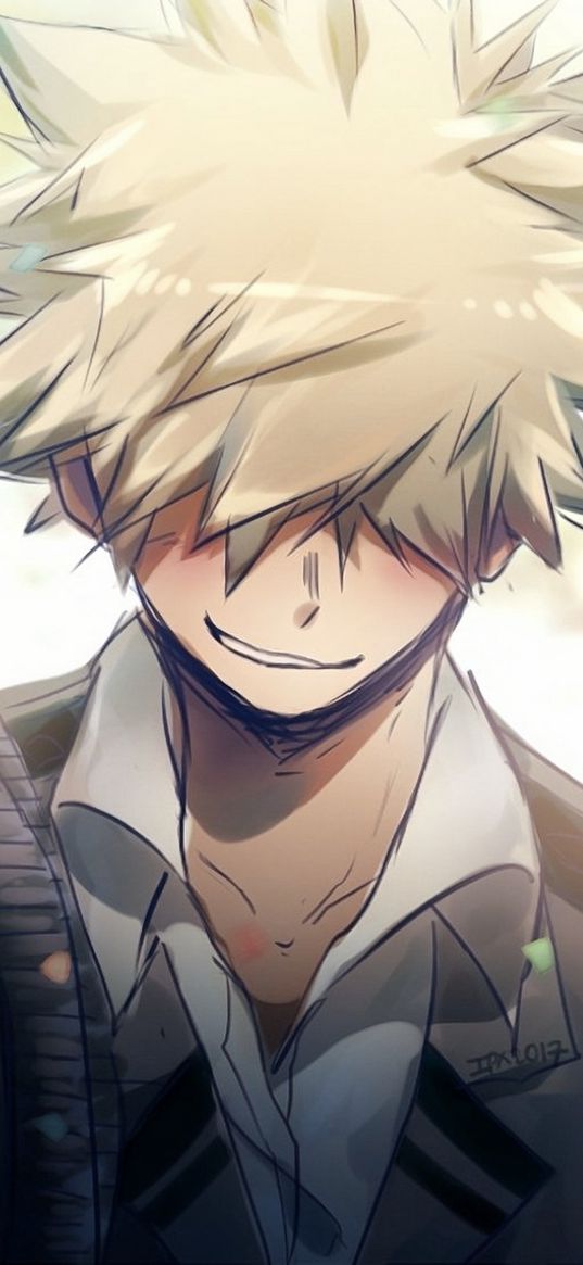 katsuki bakugou, my hero academia, anime, guy, blonde, smile, sly, street, art