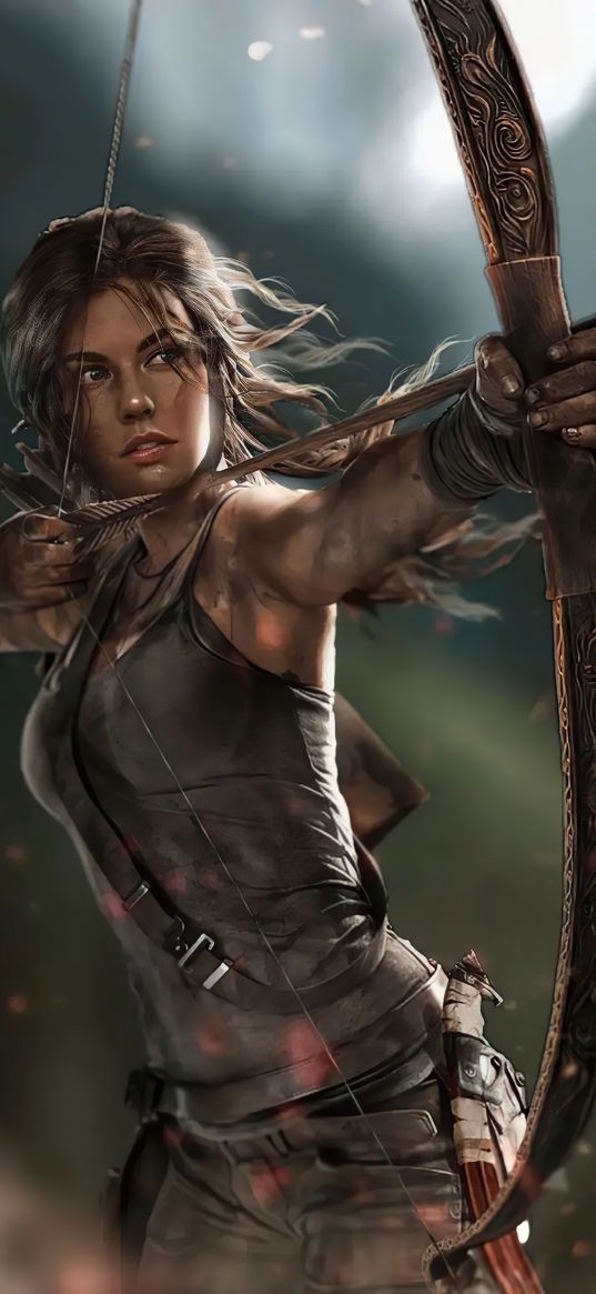 lara croft, tomb rider, game, character, girl, beautiful, bow, art