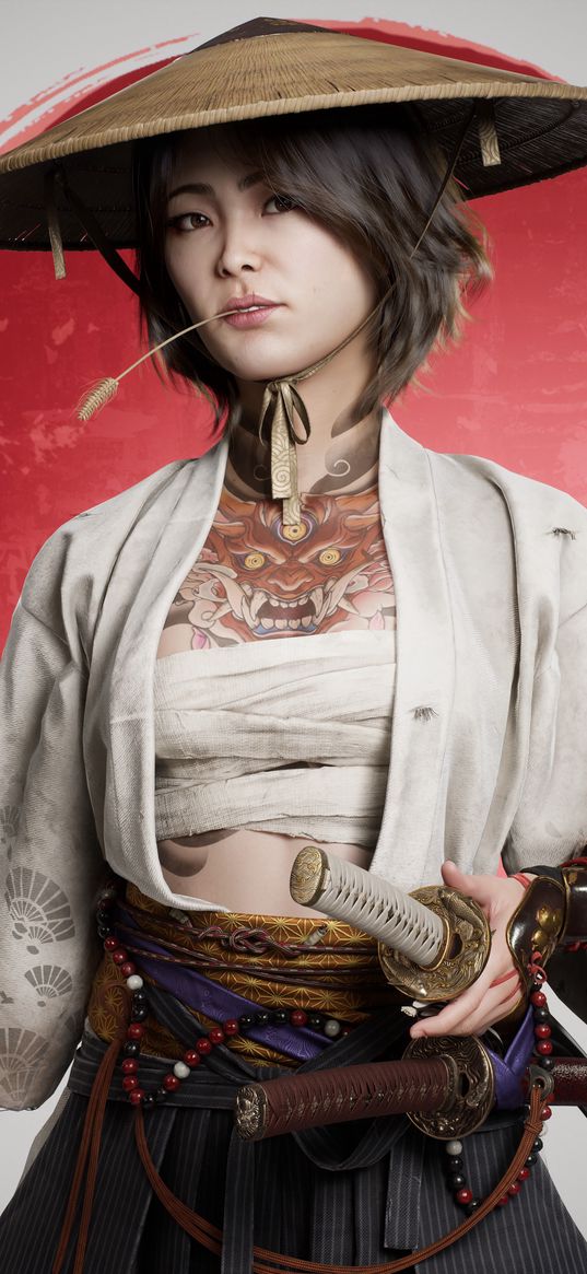 girl, samurai, katanas, hat, tattoo, sun, japan, digital art