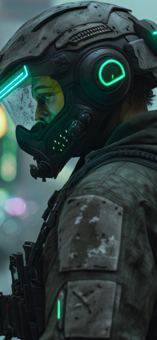 soldier, helmet, weapon, backpack, neon, street, cyberpunk, future, ai art