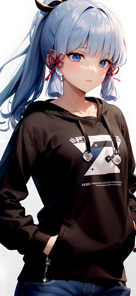 girl, beautiful, blue hair, hairstyle, blue eyes, hoodie, sad, white background, anime, art