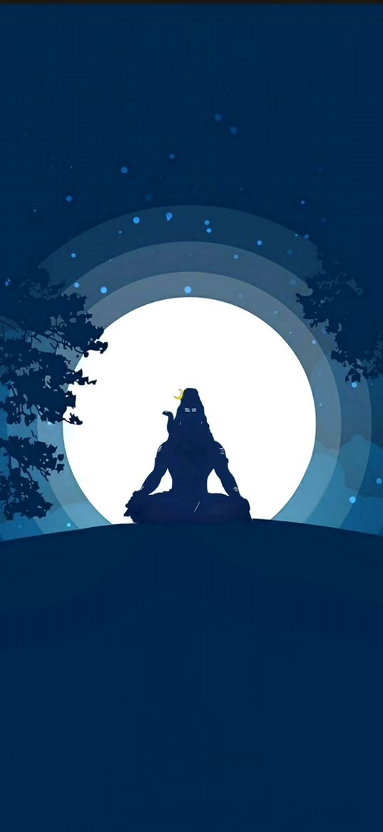 lord shiva, god, meditation, moon, trees, night, hinduism, religion, art