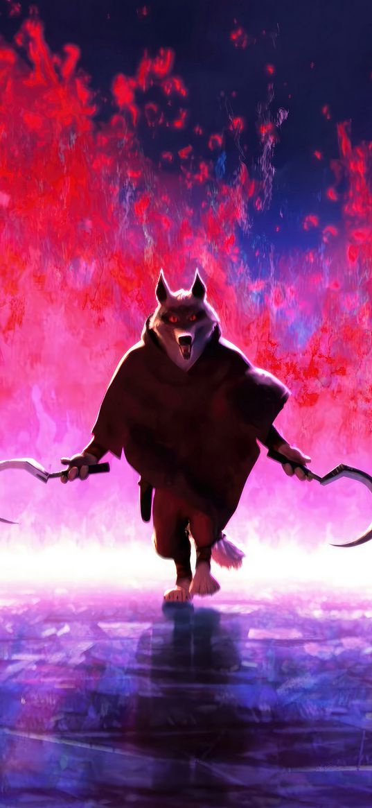 death, wolf, puss in boots, cartoon, villain, sickles, red eyes, purple background, art