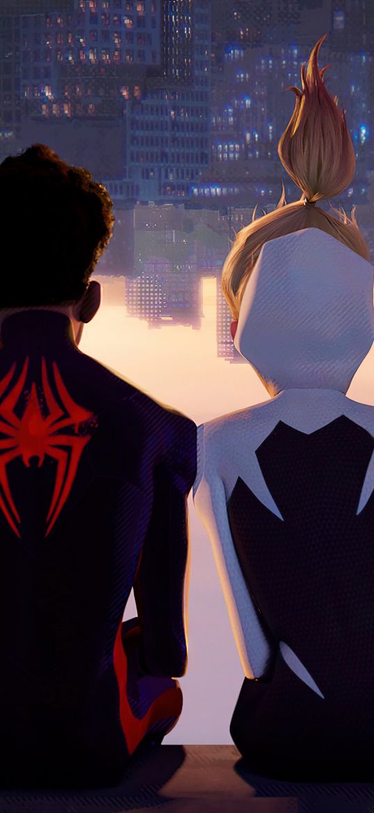 miles morales, gwen stacy, spiderman, spider-man, spider-woman, spider-verse, marvel, superheroes, city, cartoon, art