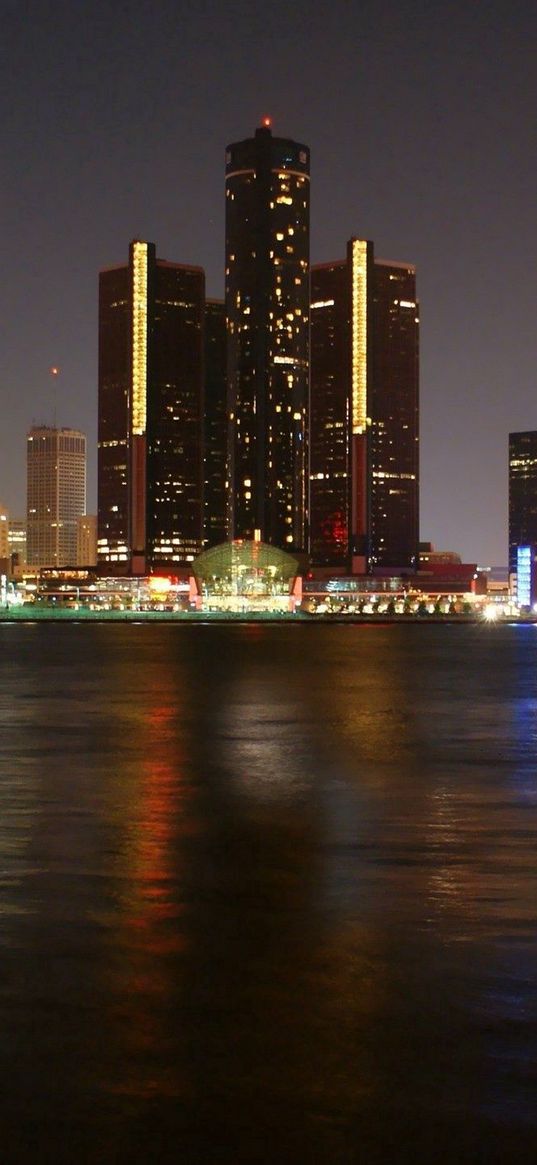 detroit, skyscrapers, night, river