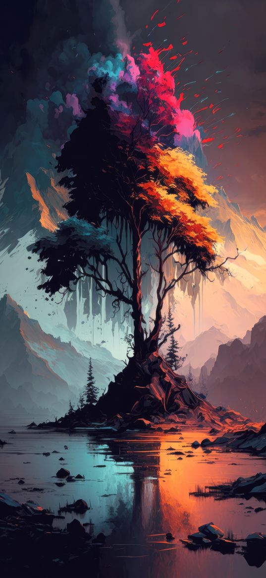 tree, mountain, paint, spots, art