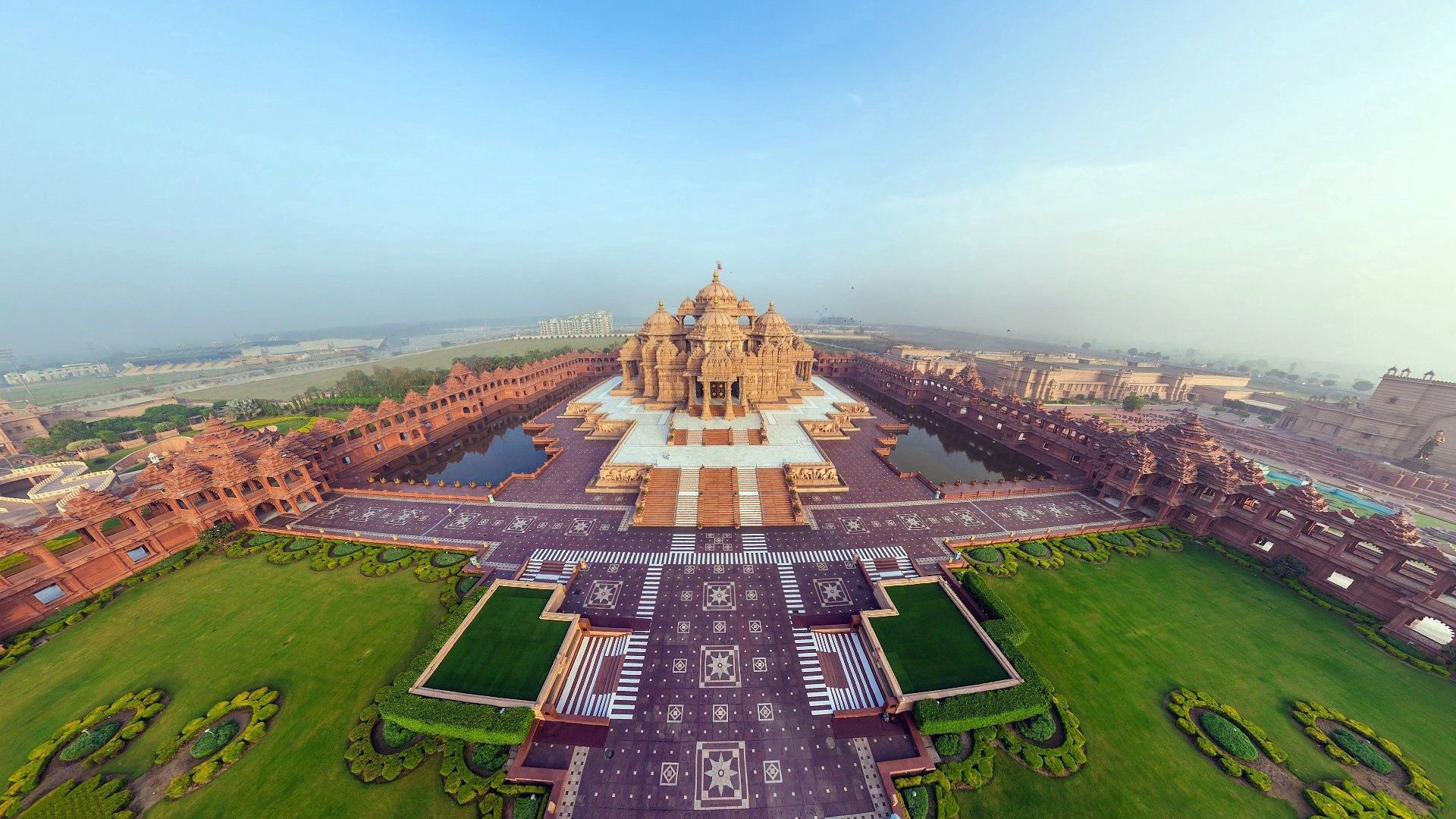 india, akshardham temple, beautiful, top view, panorama